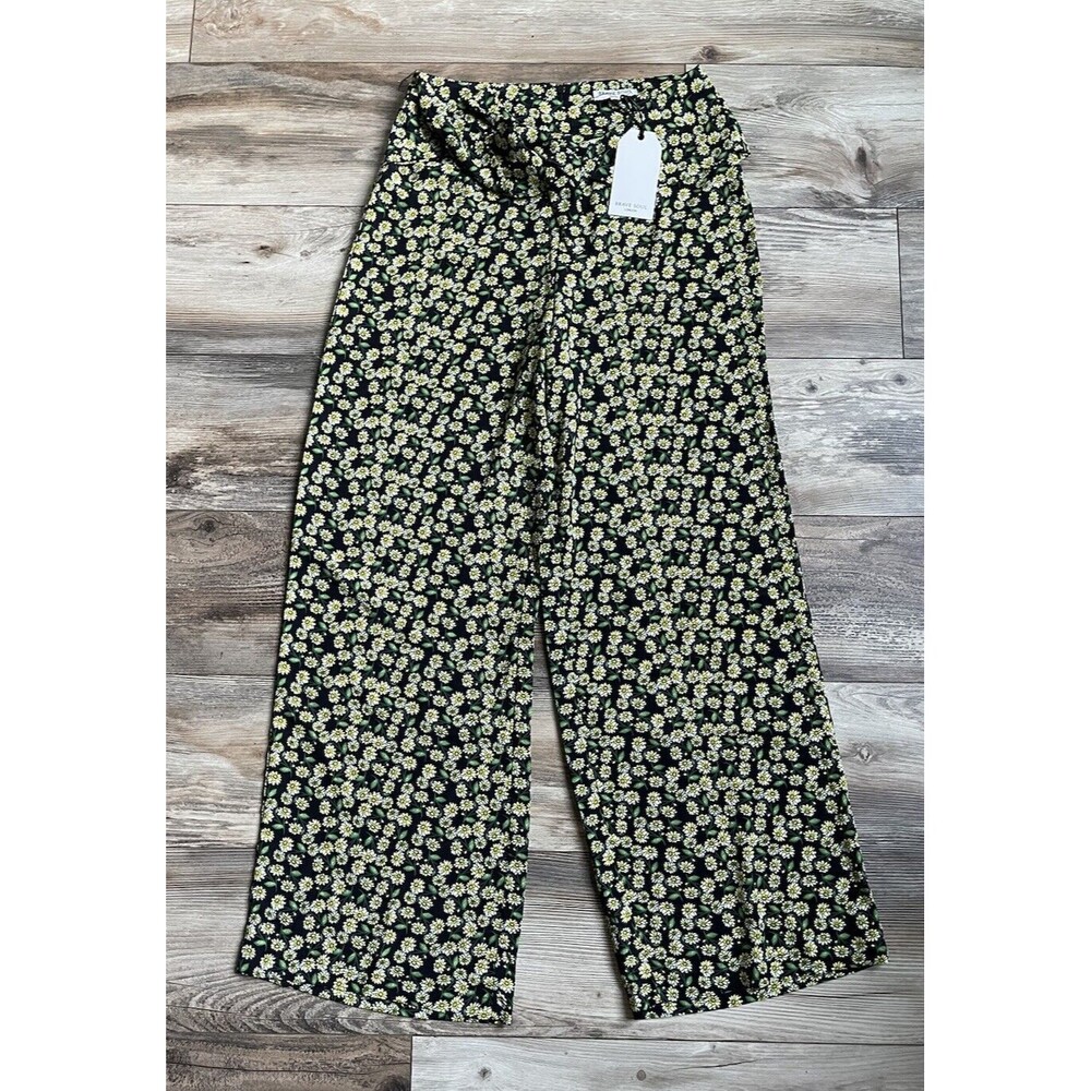 Brave Soul London Women's Black Floral Print Wide Leg Pants Front Tie Size Small